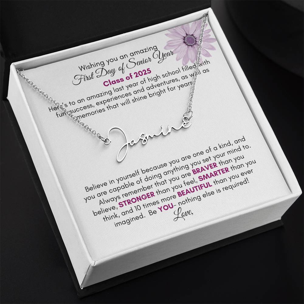 Get trendy with Personalized Signature Style Name Necklace with Heartfelt First Day of Senior Year Message Card (Purple Flower) - Jewelry available at Good Gift Company. Grab yours for $39.95 today!