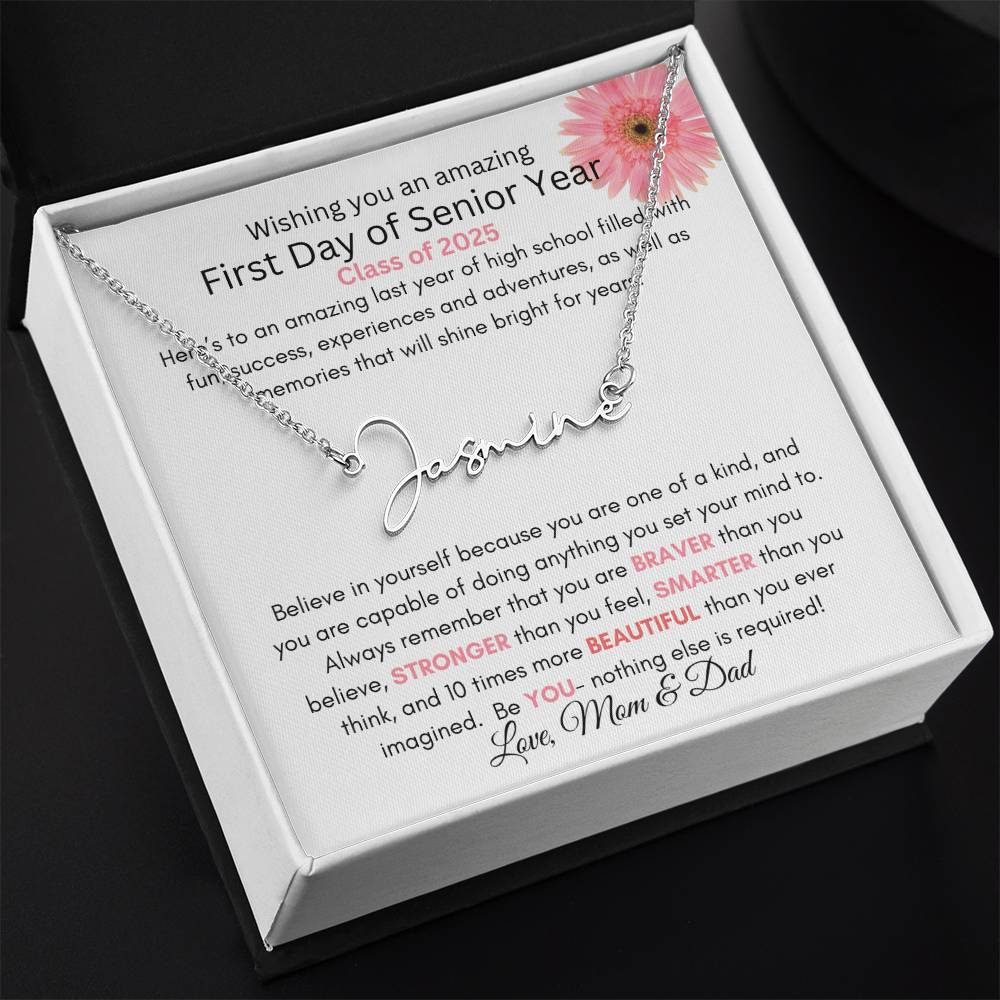 Get trendy with Personalized Signature Style Name Necklace with Heartfelt First Day of Senior Year Message Card (Pink Flower)| K.B. - Jewelry available at Good Gift Company. Grab yours for $39.95 today!