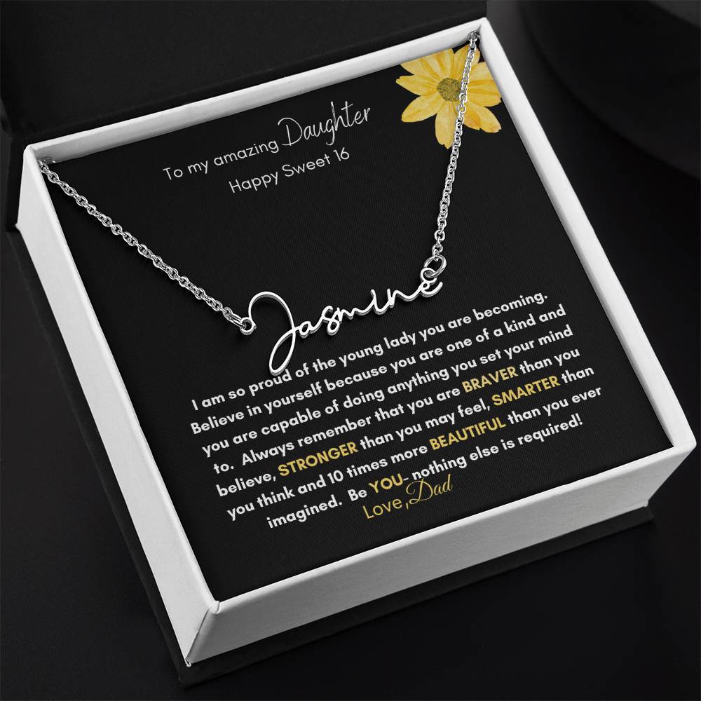 Get trendy with To My Daughter:  Signature Style Name Necklace with Heartfelt Sweet 16 Birthday Message - Jewelry available at Good Gift Company. Grab yours for $39.95 today!