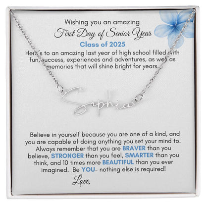 Get trendy with Personalized Signature Style Name Necklace with Heartfelt First Day of Senior Year Message Card (Blue Flower) - Jewelry available at Good Gift Company. Grab yours for $39.95 today!