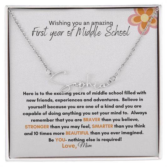 Get trendy with First Year of Middle School signature style name necklace - Jewelry available at Good Gift Company. Grab yours for $39.95 today!