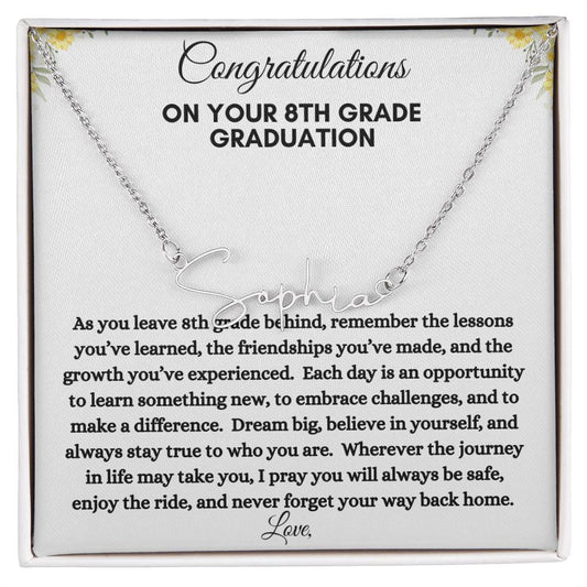 Get trendy with Happy 8th Grade Graduation Name Necklace | Yellow Flowers - Jewelry available at Good Gift Company. Grab yours for $39.95 today!