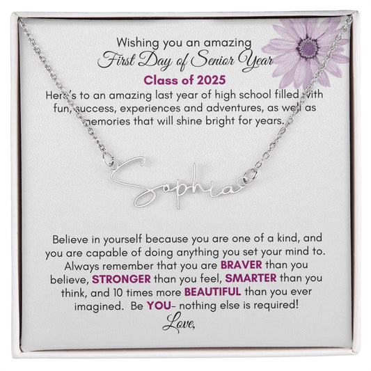 Get trendy with Personalized Signature Style Name Necklace with Heartfelt First Day of Senior Year Message Card (Purple Flower) - Jewelry available at Good Gift Company. Grab yours for $39.95 today!