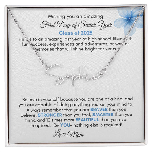 Get trendy with First Day of Senior Year Signature Style Personalized Name Necklace with Message Card (Blue Flower) - Jewelry available at Good Gift Company. Grab yours for $39.95 today!