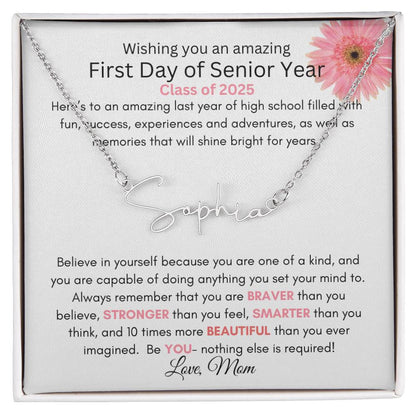 Get trendy with Personalized Signature Style Name Necklace with Heartfelt First Day of Senior Year Message Card (Pink Flower)| A - Jewelry available at Good Gift Company. Grab yours for $39.95 today!