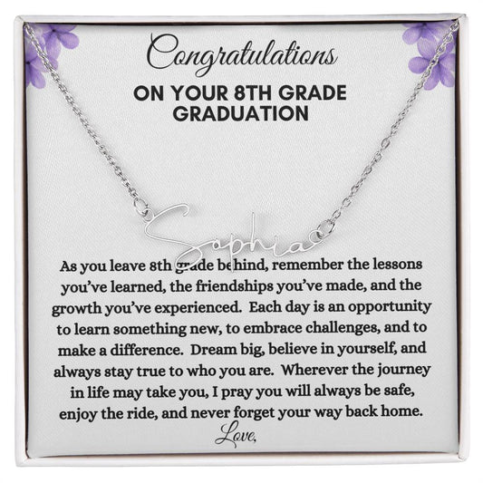 Get trendy with Happy 8th Grade Graduation Name Necklace | Purple Flowers - Jewelry available at Good Gift Company. Grab yours for $39.95 today!