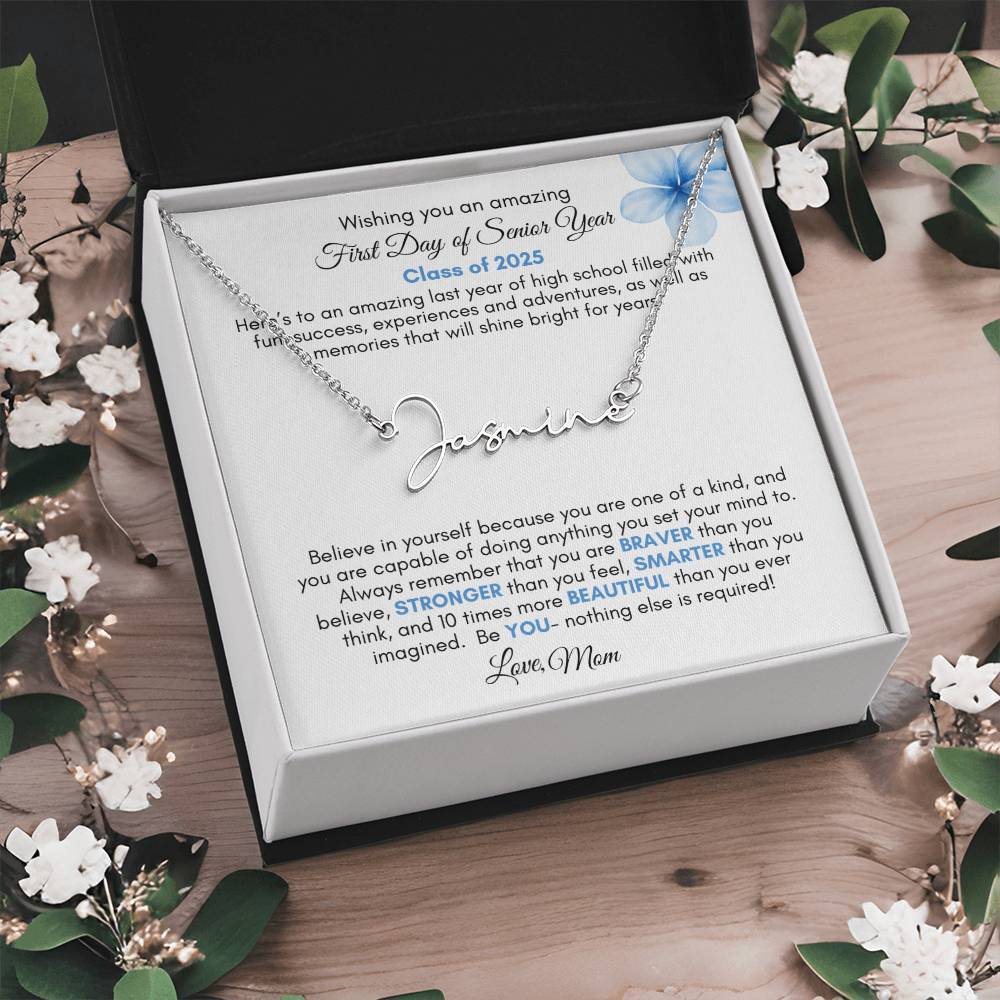 Get trendy with First Day of Senior Year Signature Style Personalized Name Necklace with Message Card (Blue Flower) - Jewelry available at Good Gift Company. Grab yours for $39.95 today!