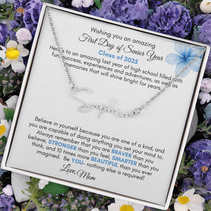 Get trendy with First Day of Senior Year Signature Style Personalized Name Necklace with Message Card (Blue Flower) - Jewelry available at Good Gift Company. Grab yours for $39.95 today!