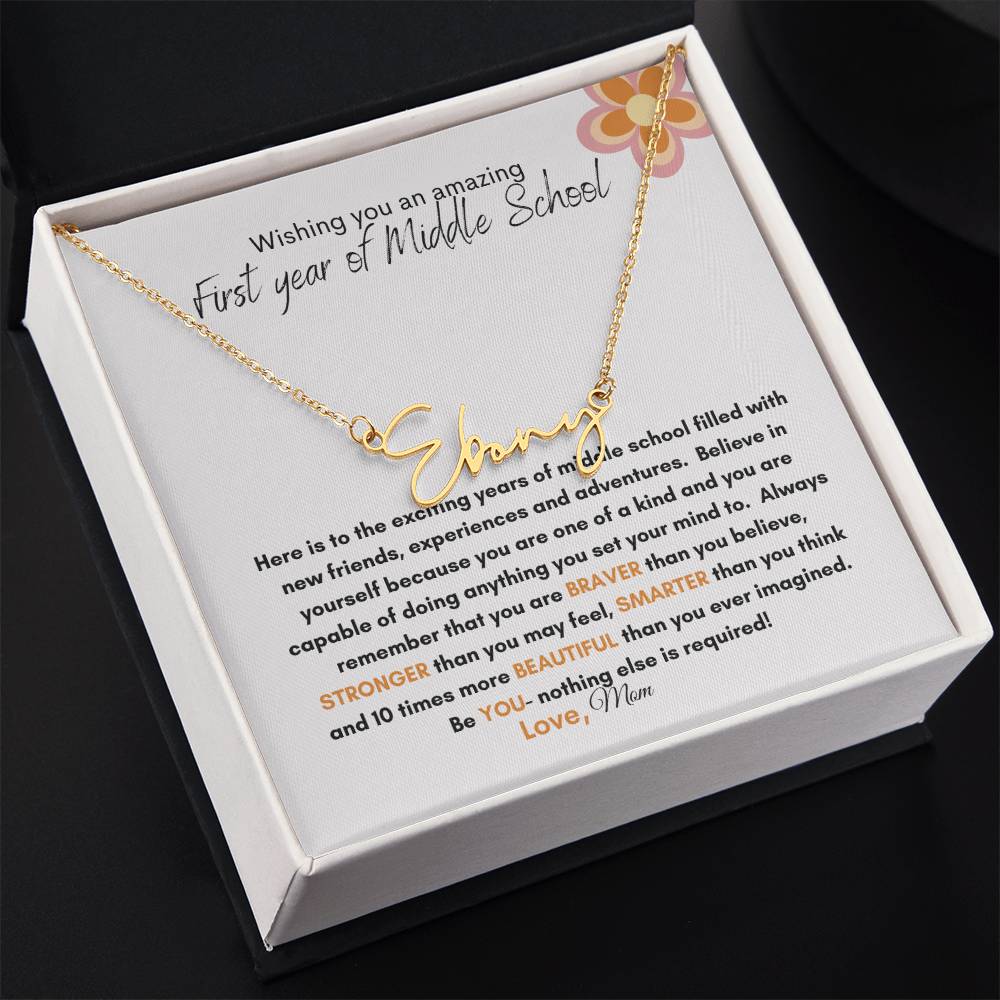 Get trendy with First Year of Middle School signature style name necklace - Jewelry available at Good Gift Company. Grab yours for $39.95 today!