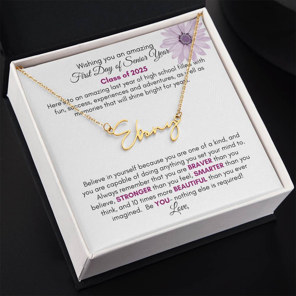 Get trendy with Personalized Signature Style Name Necklace with Heartfelt First Day of Senior Year Message Card (Purple Flower) - Jewelry available at Good Gift Company. Grab yours for $39.95 today!