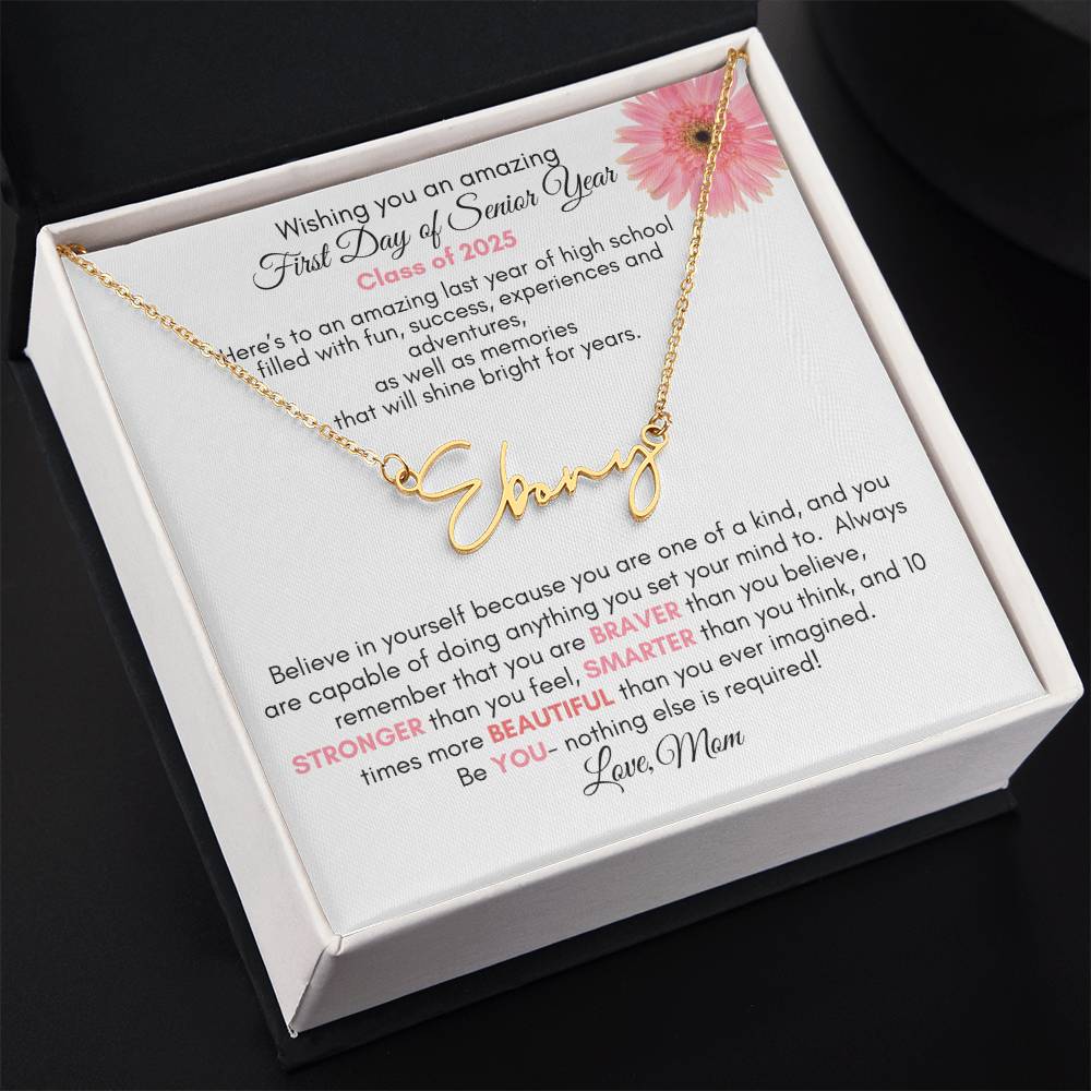 Get trendy with First Day of Senior Year Signature Style Name Necklace | Pink Flower - Jewelry available at Good Gift Company. Grab yours for $39.95 today!