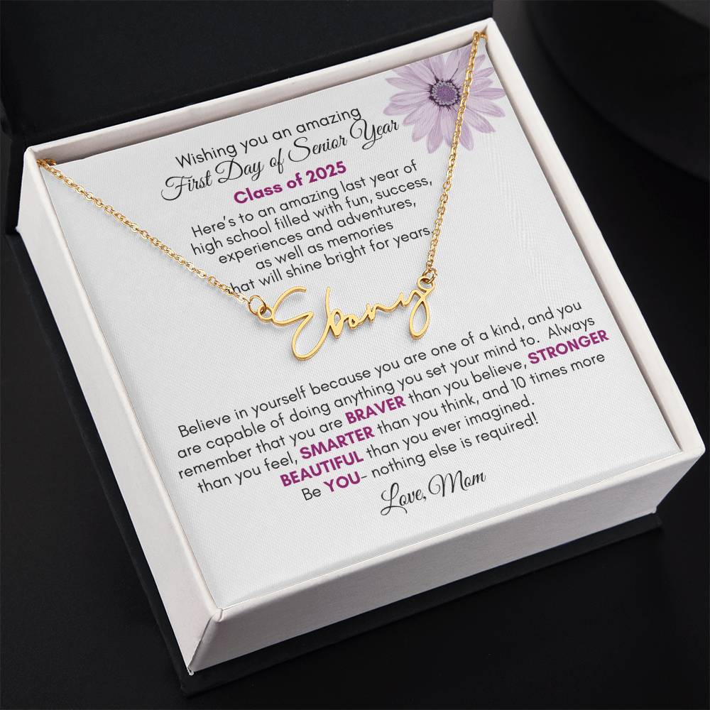 Get trendy with First Day of Senior Year signature name necklace | Purple Flower - Jewelry available at Good Gift Company. Grab yours for $39.95 today!