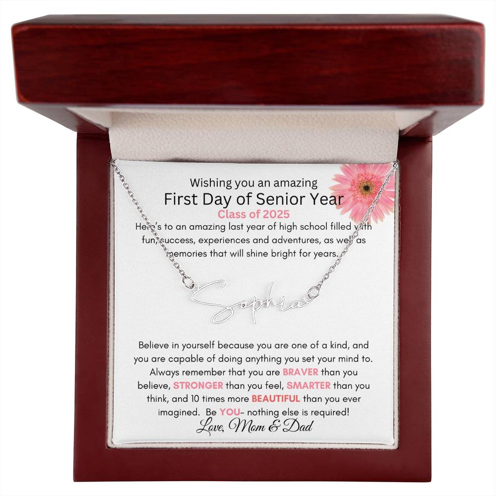 Get trendy with Personalized Signature Style Name Necklace with Heartfelt First Day of Senior Year Message Card (Pink Flower)| K.B. - Jewelry available at Good Gift Company. Grab yours for $39.95 today!