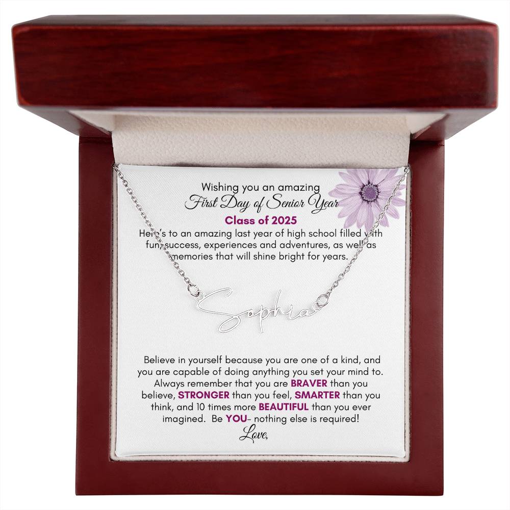 Get trendy with Personalized Signature Style Name Necklace with Heartfelt First Day of Senior Year Message Card (Purple Flower) - Jewelry available at Good Gift Company. Grab yours for $39.95 today!