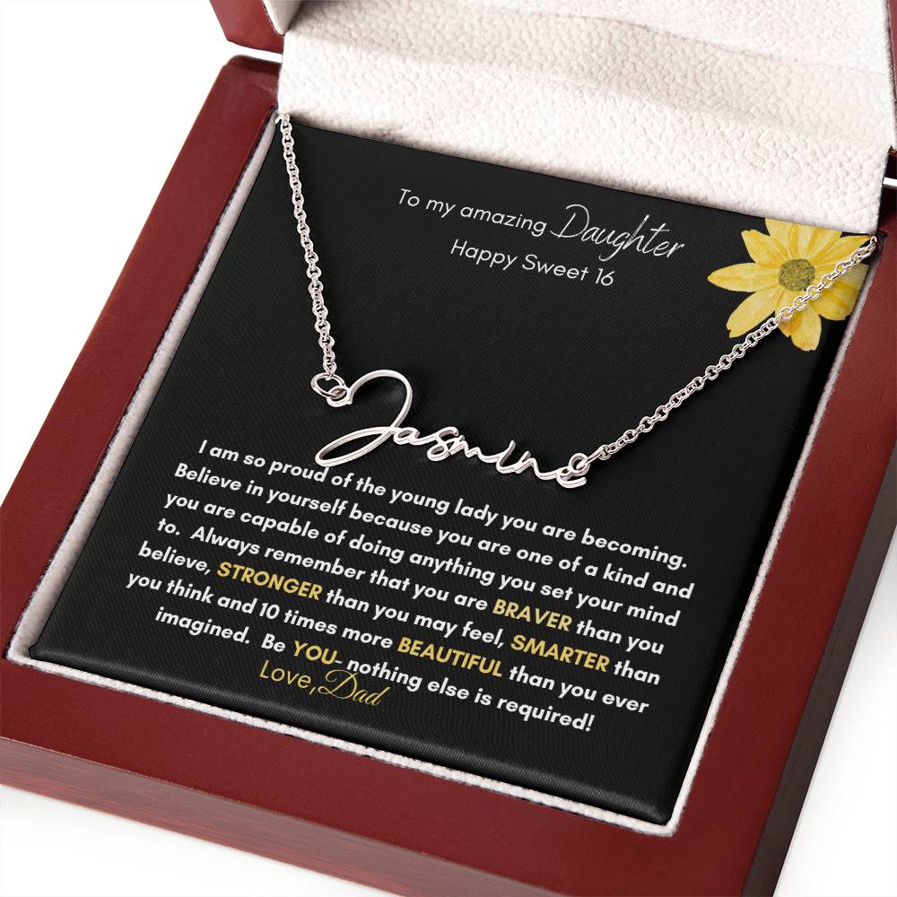 Get trendy with To My Daughter:  Signature Style Name Necklace with Heartfelt Sweet 16 Birthday Message - Jewelry available at Good Gift Company. Grab yours for $39.95 today!