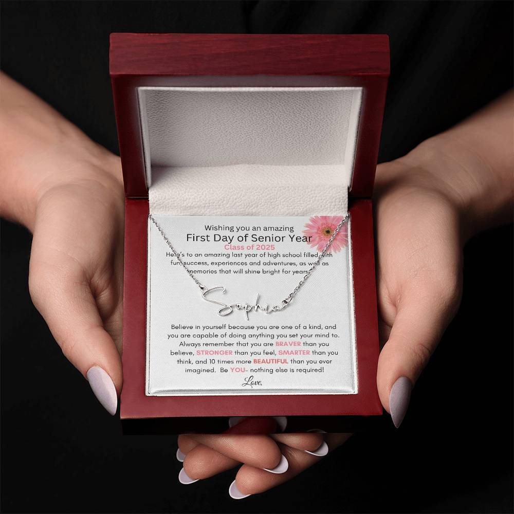 Get trendy with Personalized Signature Style Name Necklace with Heartfelt First Day of Senior Year Message Card (Pink Flower) - Jewelry available at Good Gift Company. Grab yours for $39.95 today!