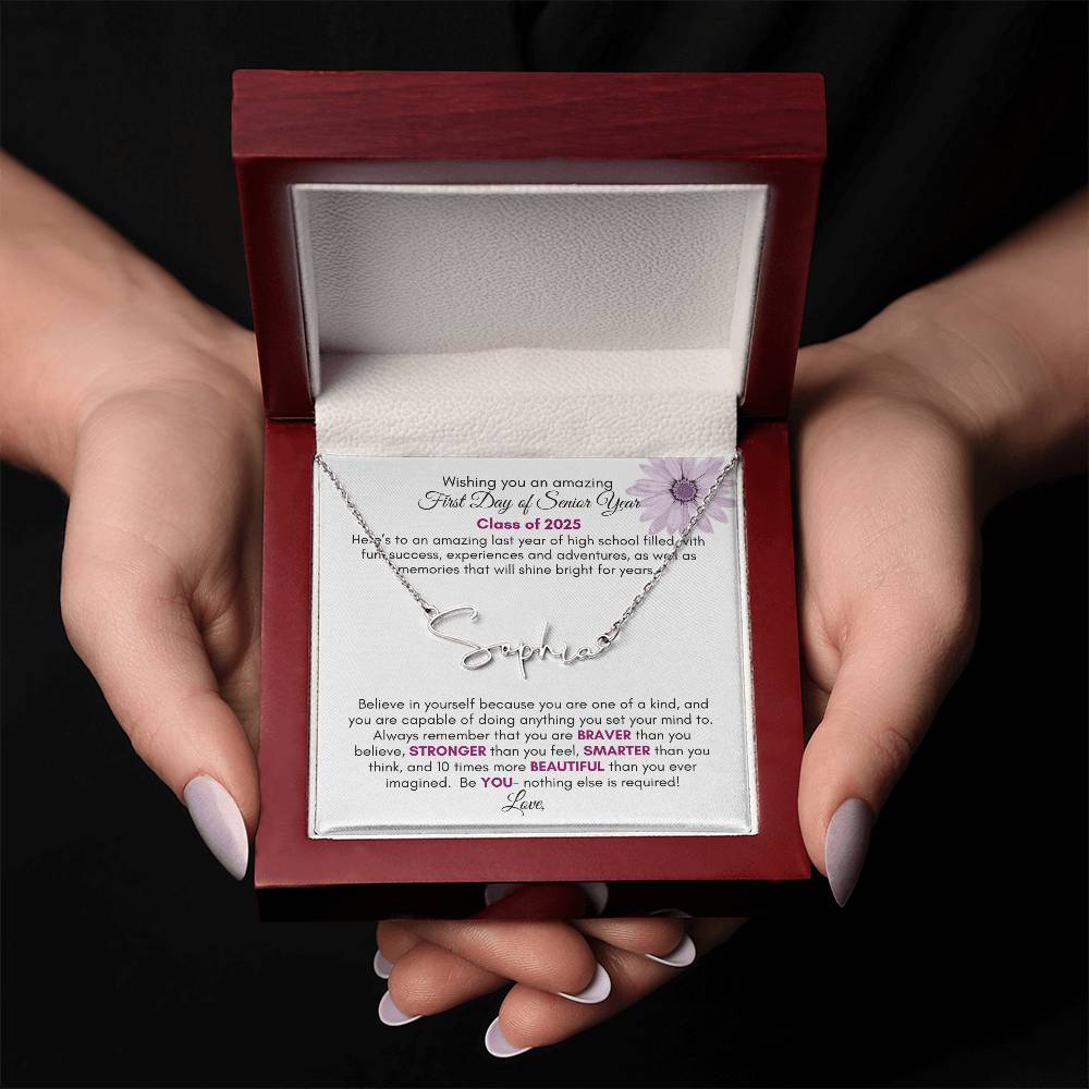 Get trendy with Personalized Signature Style Name Necklace with Heartfelt First Day of Senior Year Message Card (Purple Flower) - Jewelry available at Good Gift Company. Grab yours for $39.95 today!