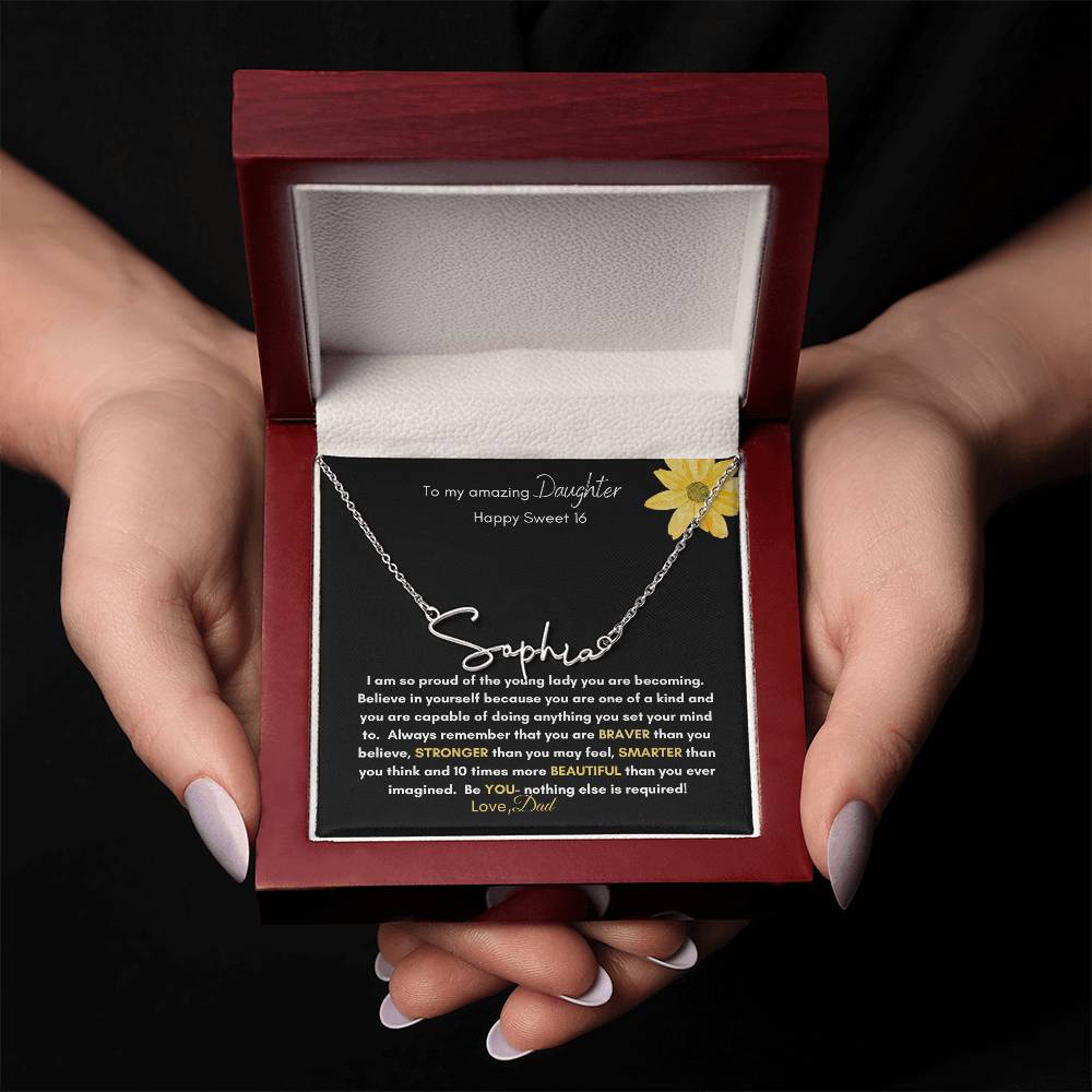 Get trendy with To My Daughter:  Signature Style Name Necklace with Heartfelt Sweet 16 Birthday Message - Jewelry available at Good Gift Company. Grab yours for $39.95 today!