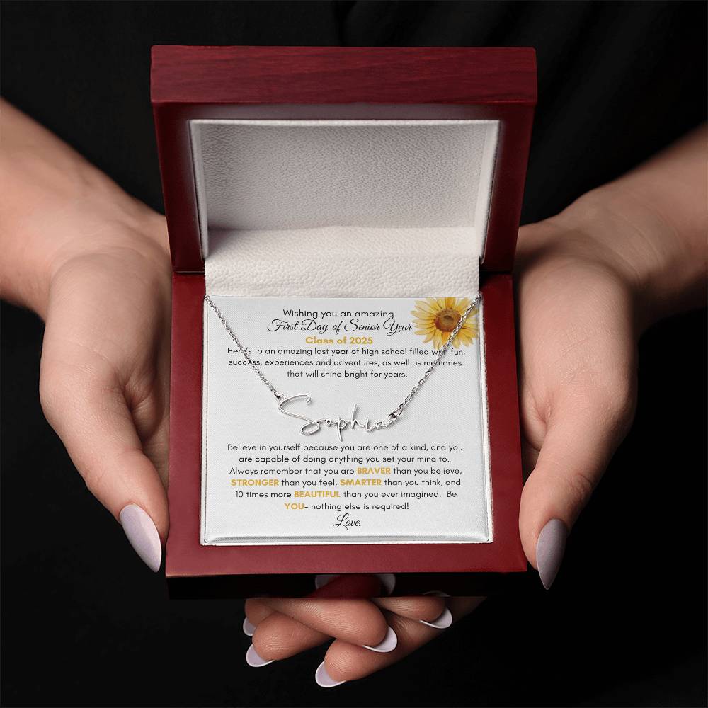 Get trendy with Personalized Signature Style Name Necklace with Heartfelt First Day of Senior Year Message Card (Sunflower) - Jewelry available at Good Gift Company. Grab yours for $39.95 today!