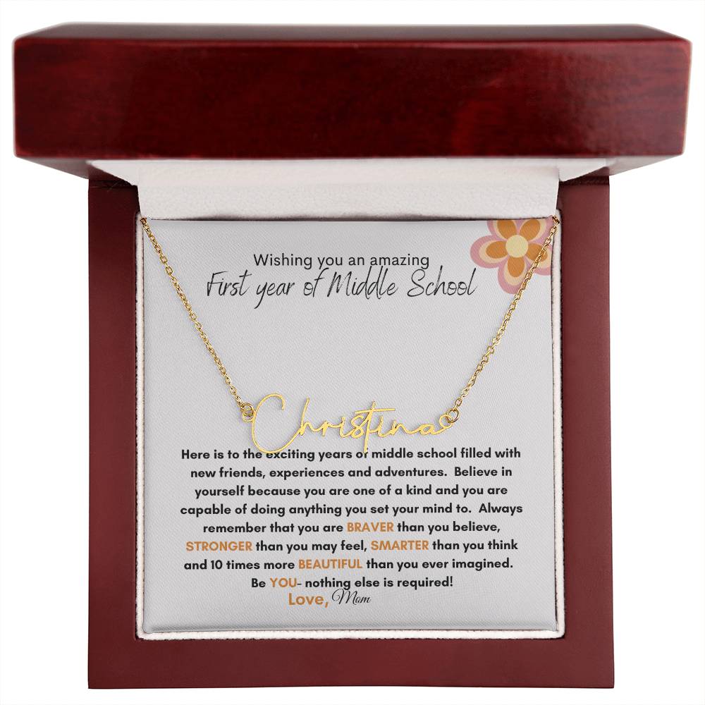 Get trendy with First Year of Middle School signature style name necklace - Jewelry available at Good Gift Company. Grab yours for $39.95 today!