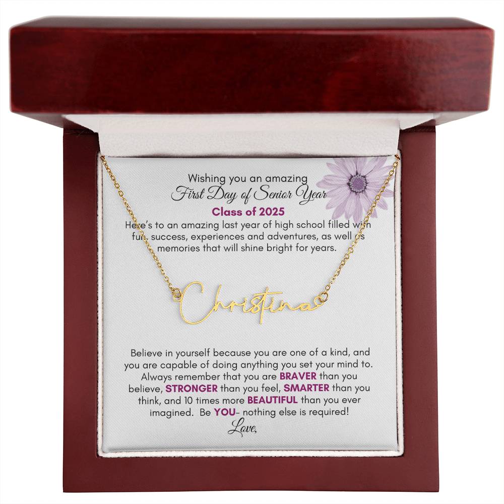 Get trendy with Personalized Signature Style Name Necklace with Heartfelt First Day of Senior Year Message Card (Purple Flower) - Jewelry available at Good Gift Company. Grab yours for $39.95 today!