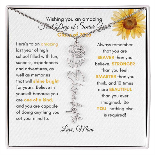 Get trendy with Birth Flower/Name Necklace with Message Card Entitled "first Day of Senior Year." | Sunflower Version - Jewelry available at Good Gift Company. Grab yours for $39.95 today!