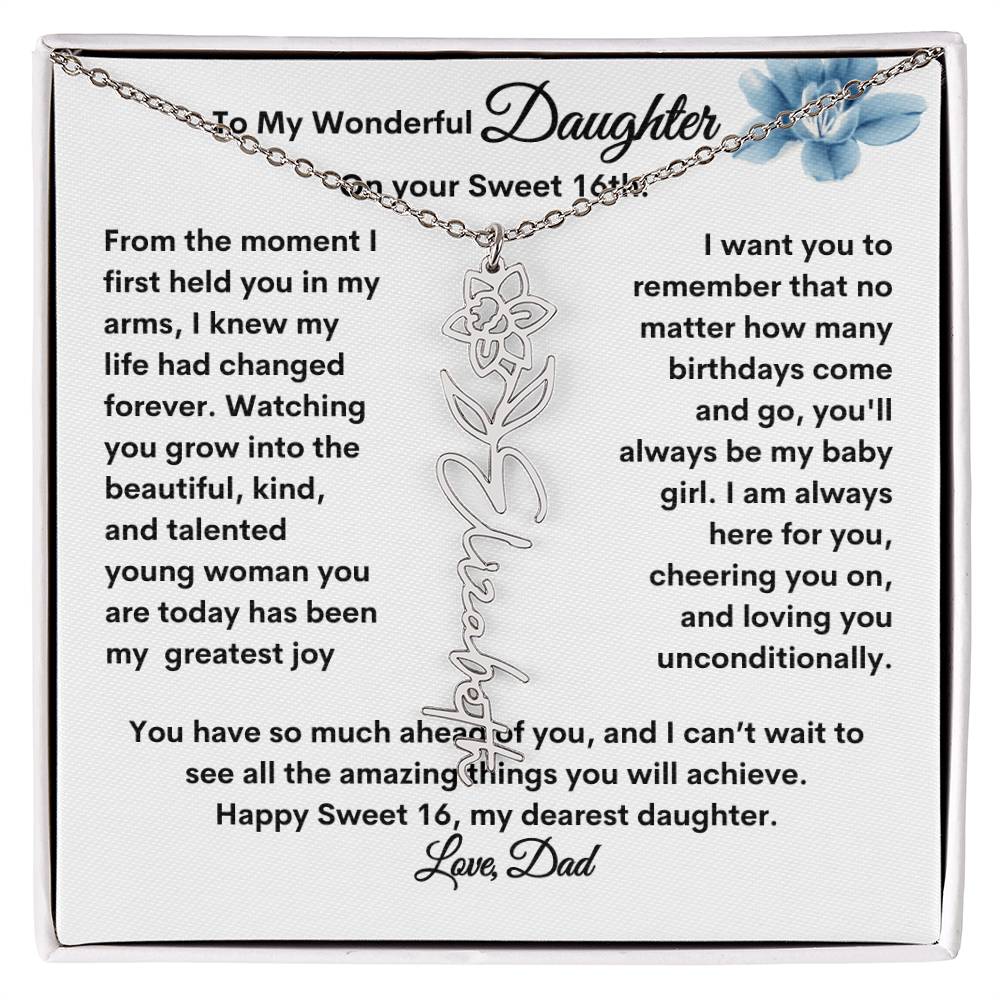 Get trendy with From Dad to Daughter Flower Name Necklace: A Personalized Gift for Her Sweet 16 - Jewelry available at Good Gift Company. Grab yours for $39.95 today!