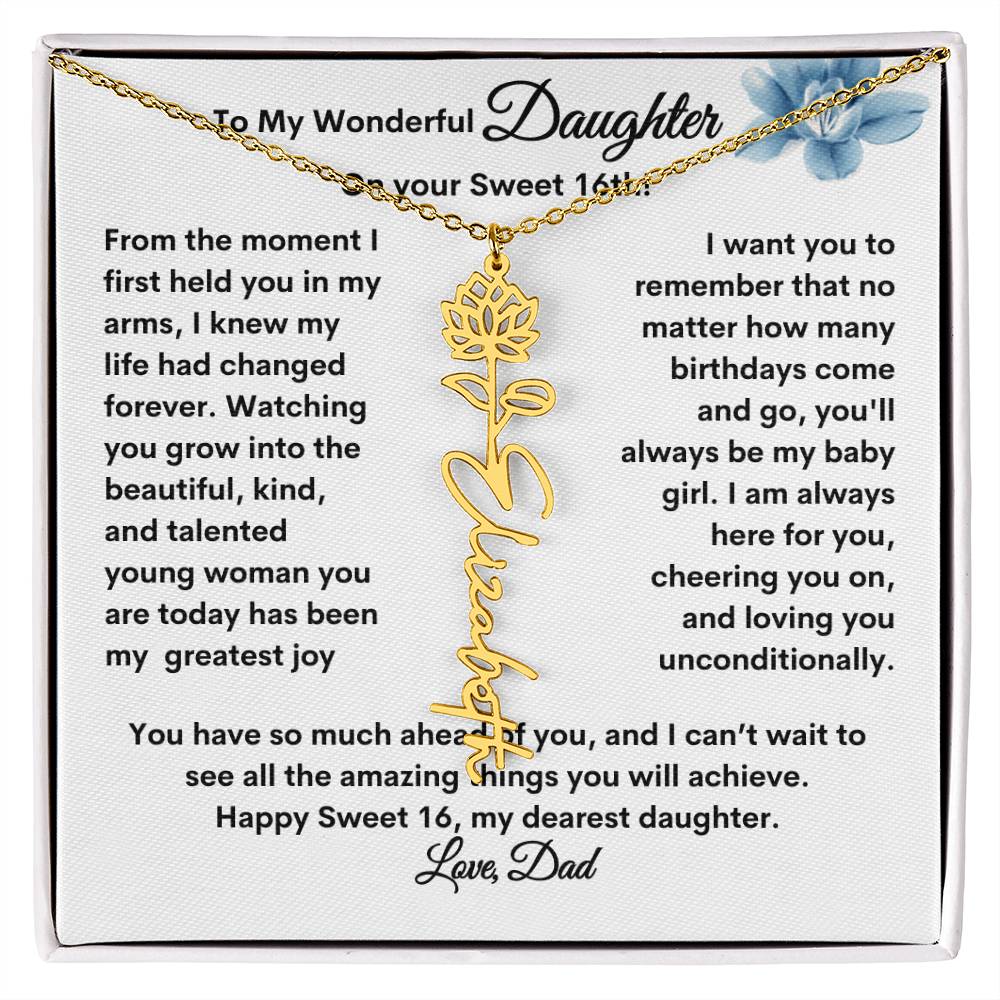 Get trendy with From Dad to Daughter Flower Name Necklace: A Personalized Gift for Her Sweet 16 - Jewelry available at Good Gift Company. Grab yours for $39.95 today!