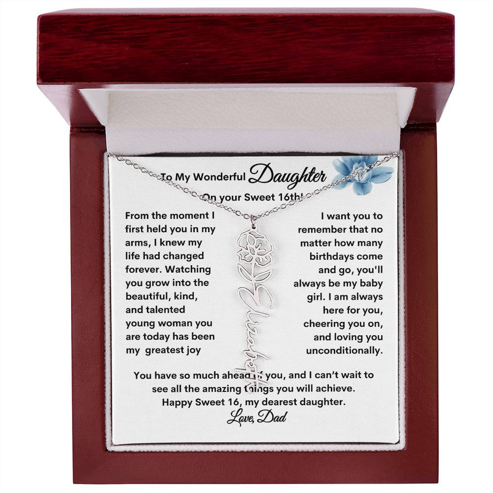 Get trendy with From Dad to Daughter Flower Name Necklace: A Personalized Gift for Her Sweet 16 - Jewelry available at Good Gift Company. Grab yours for $39.95 today!