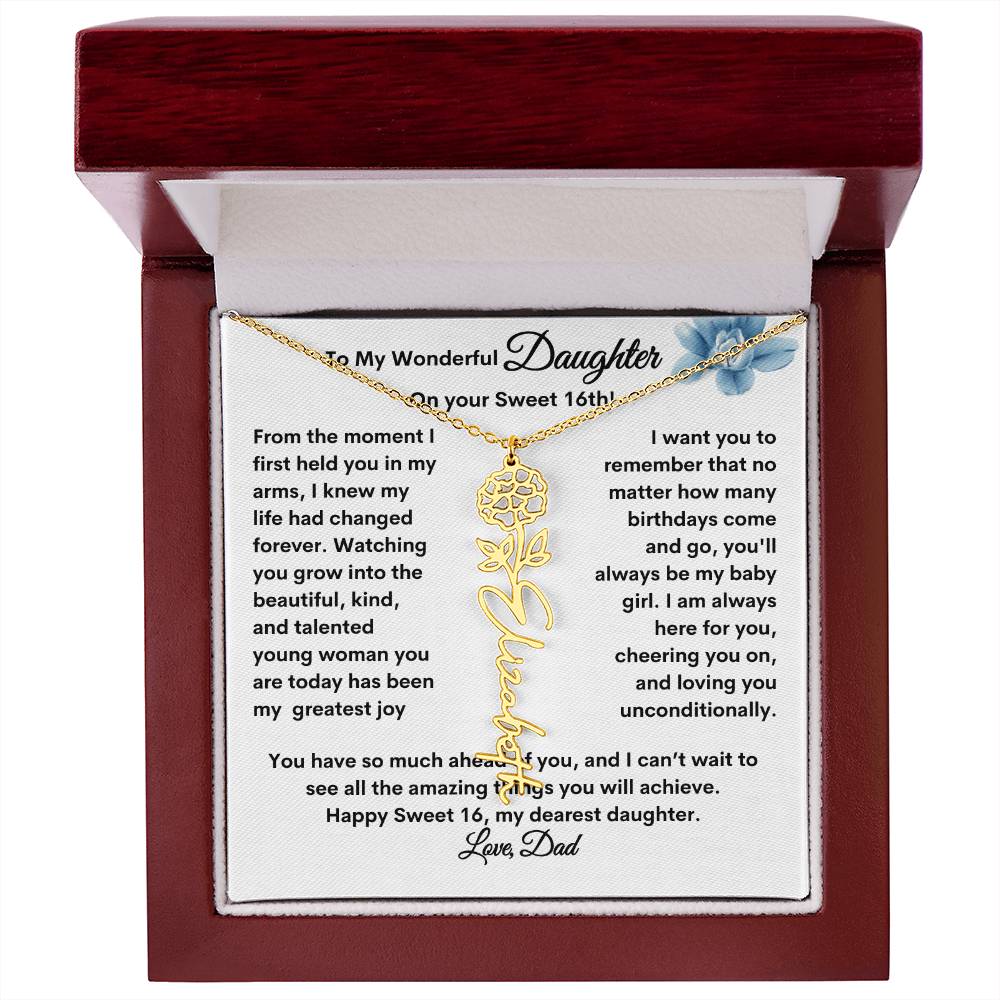 Get trendy with From Dad to Daughter Flower Name Necklace: A Personalized Gift for Her Sweet 16 - Jewelry available at Good Gift Company. Grab yours for $39.95 today!