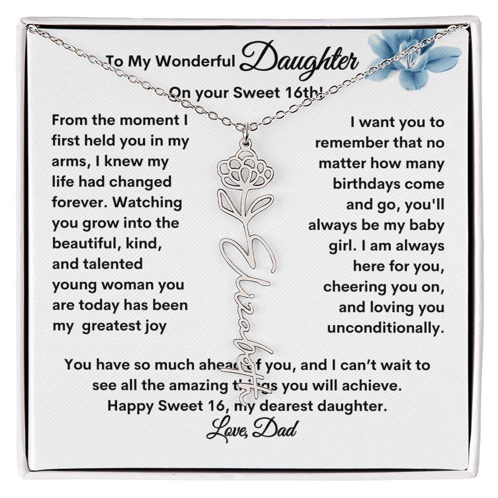 Get trendy with From Dad to Daughter Flower Name Necklace: A Personalized Gift for Her Sweet 16 - Jewelry available at Good Gift Company. Grab yours for $39.95 today!