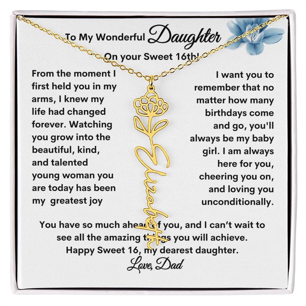 Get trendy with From Dad to Daughter Flower Name Necklace: A Personalized Gift for Her Sweet 16 - Jewelry available at Good Gift Company. Grab yours for $39.95 today!