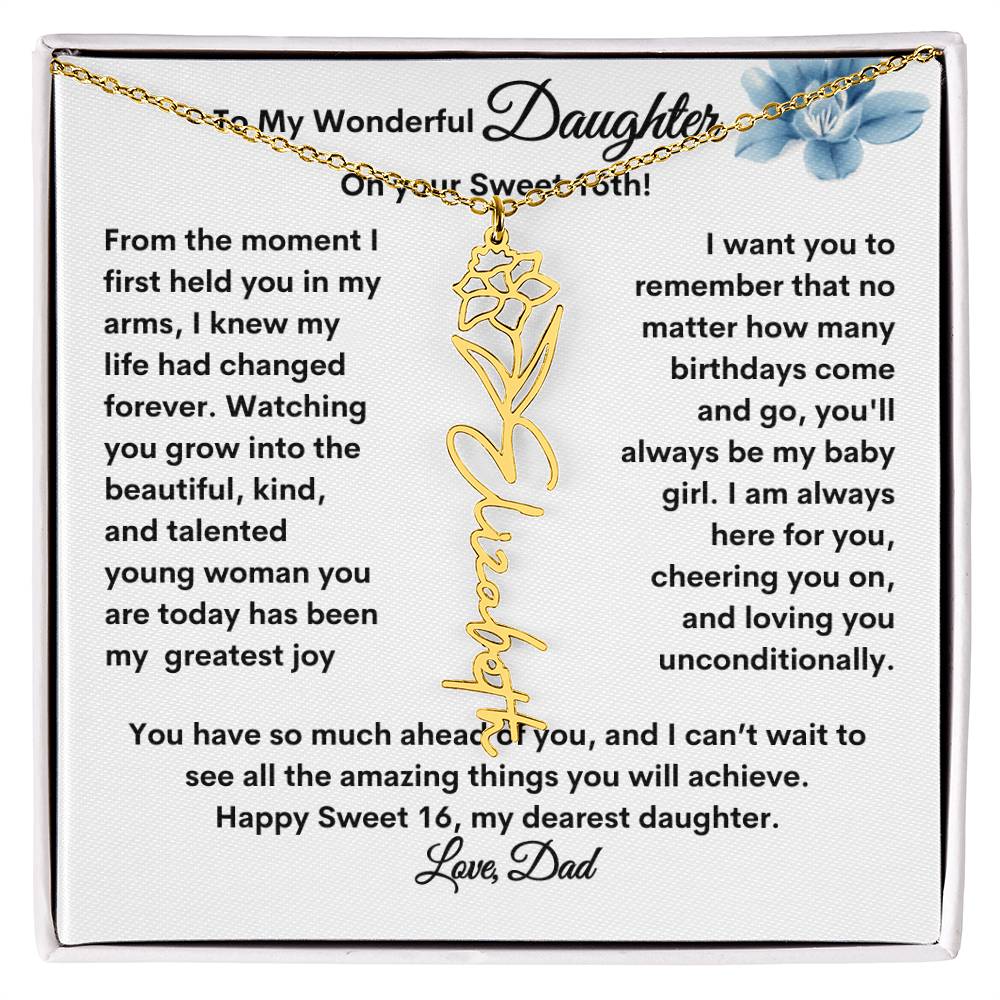 Get trendy with From Dad to Daughter Flower Name Necklace: A Personalized Gift for Her Sweet 16 - Jewelry available at Good Gift Company. Grab yours for $39.95 today!