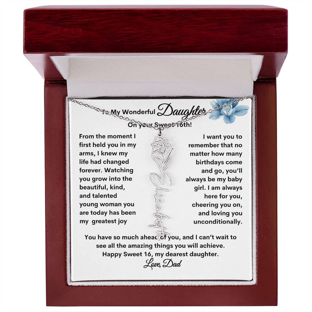 Get trendy with From Dad to Daughter Flower Name Necklace: A Personalized Gift for Her Sweet 16 - Jewelry available at Good Gift Company. Grab yours for $39.95 today!