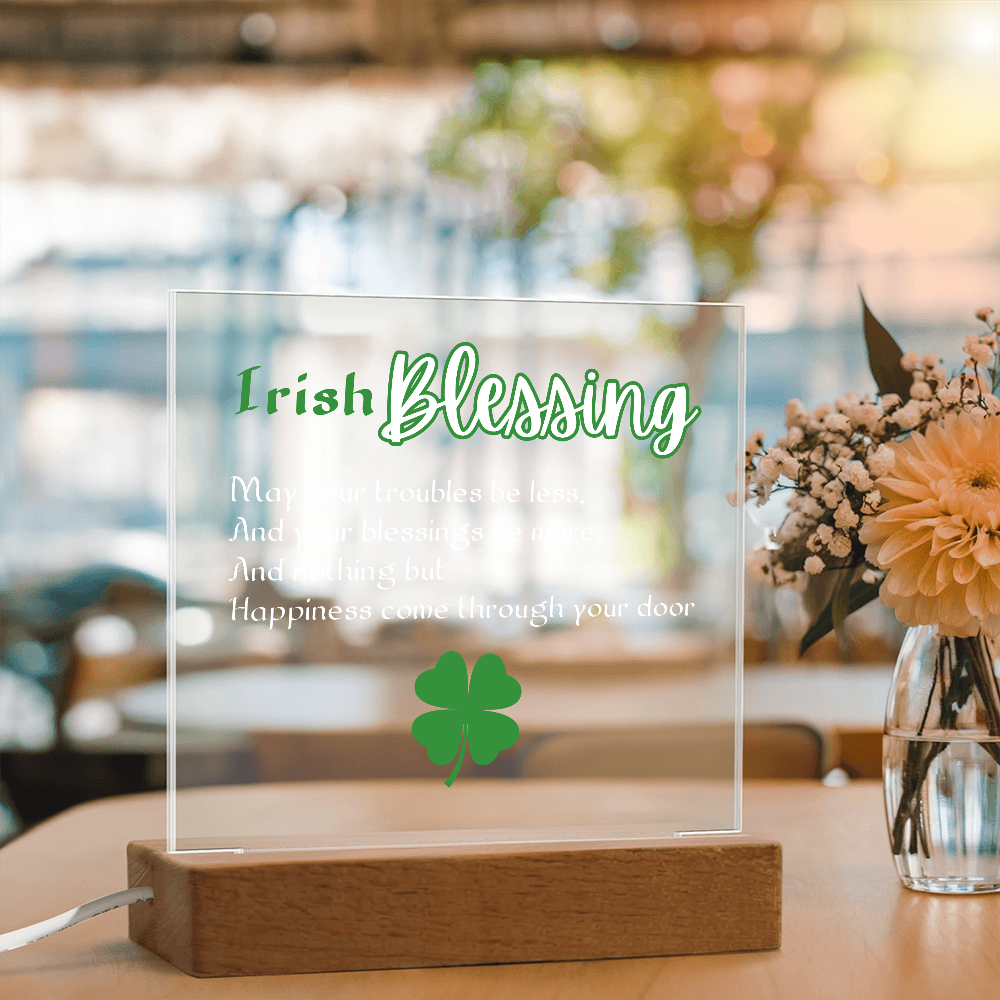 Single Shamrock Irish Blessing LED Acrylic Plaque – Elegant Nightlight Gift