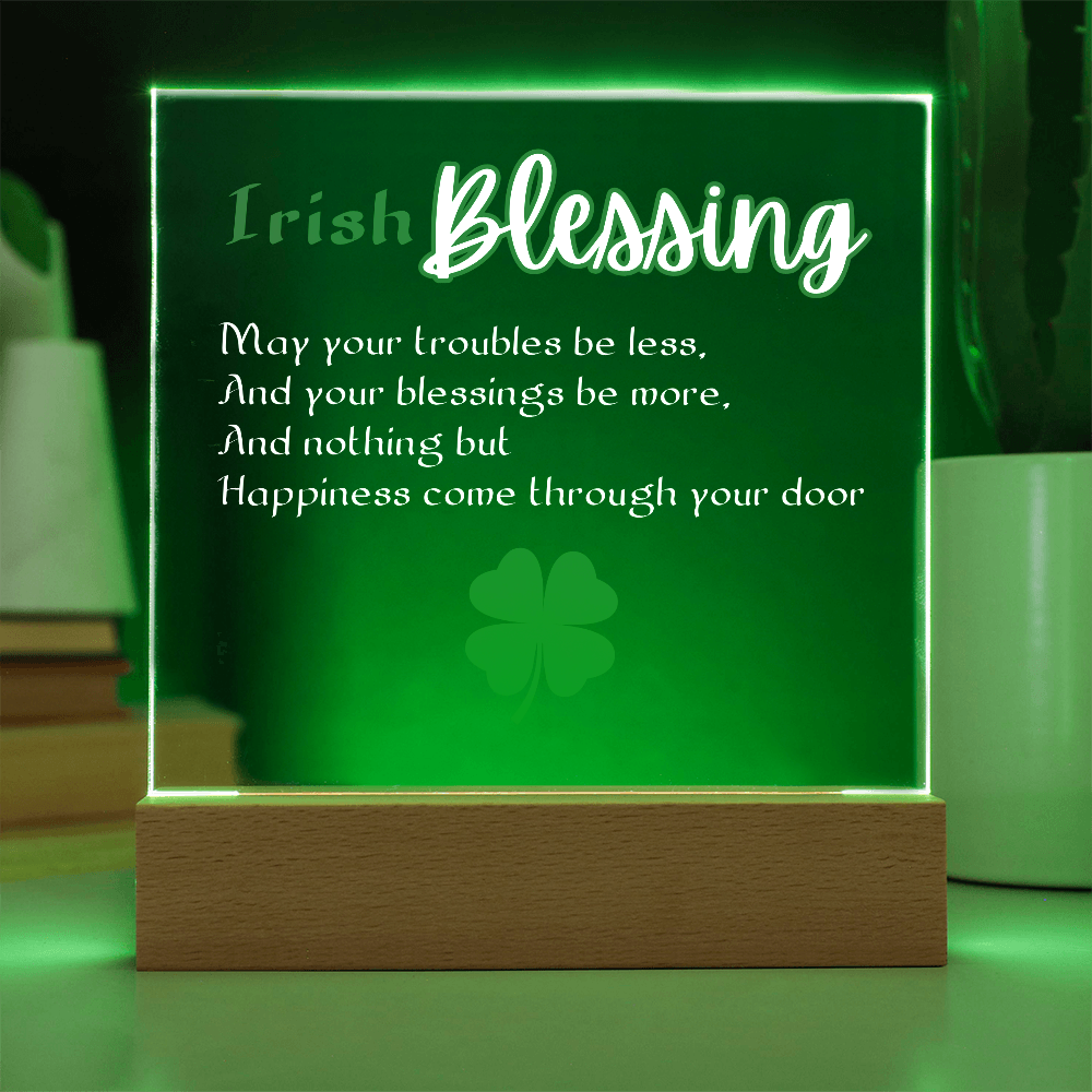 Single Shamrock Irish Blessing LED Acrylic Plaque – Elegant Nightlight Gift