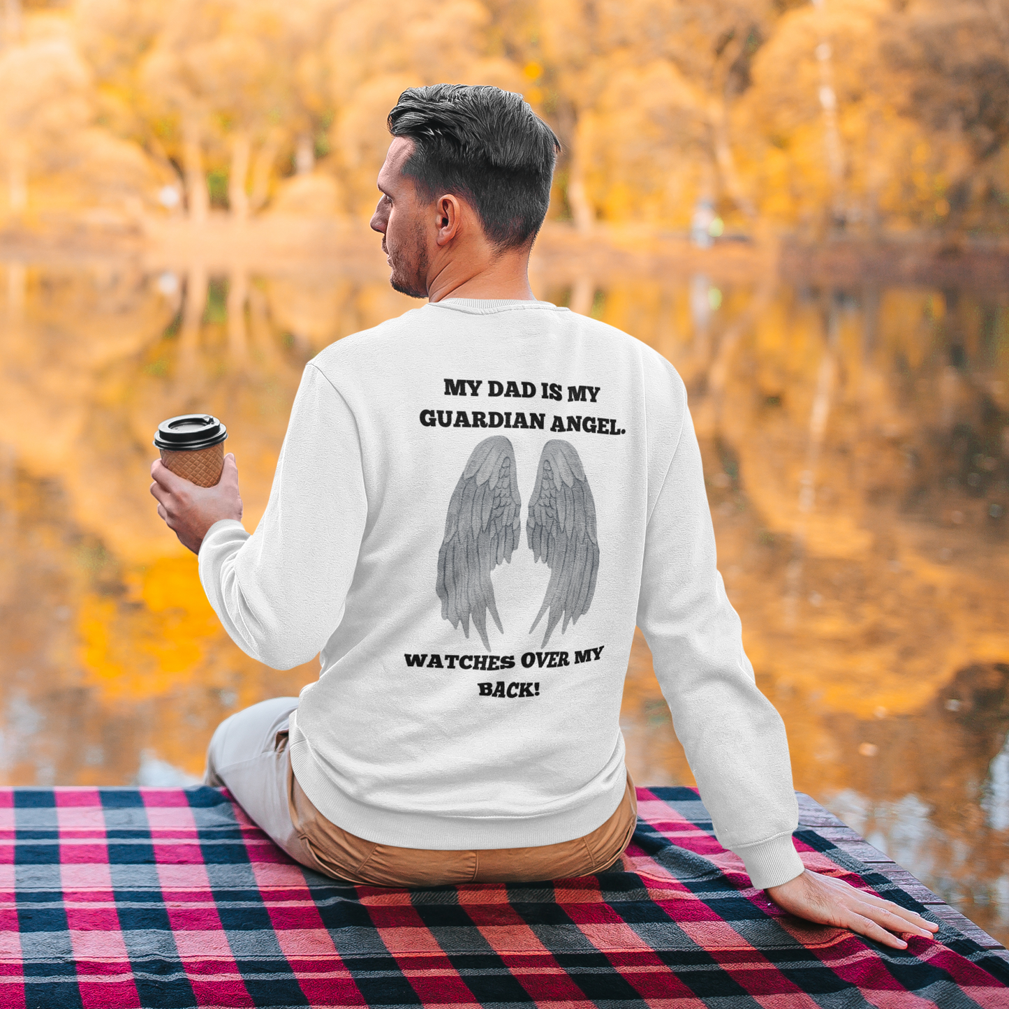 Get trendy with My Dad is my guardian Angel Black text Crewneck Pullover Sweatshirt - Sweatshirts available at Good Gift Company. Grab yours for $29.88 today!