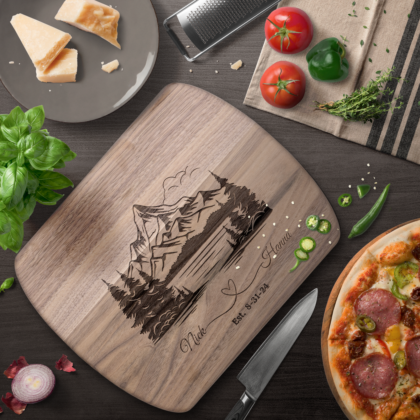 Get trendy with Customized Hardwood Oval Cutting Board with Mountain Scene - Personalized Wedding Gift -  available at Good Gift Company. Grab yours for $18.50 today!