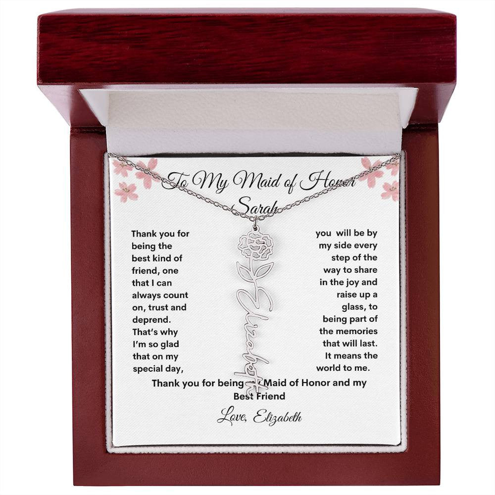 Get trendy with Elegant Birth Flower Name necklace Maid of Honor Thank you Gift -  available at Good Gift Company. Grab yours for $39.95 today!