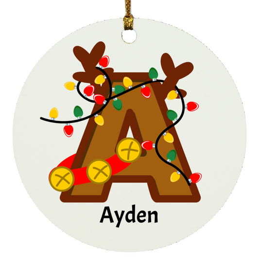 Personalized Ceramic Christmas Ornament – Initial & Name with Lights & Reindeer Antlers