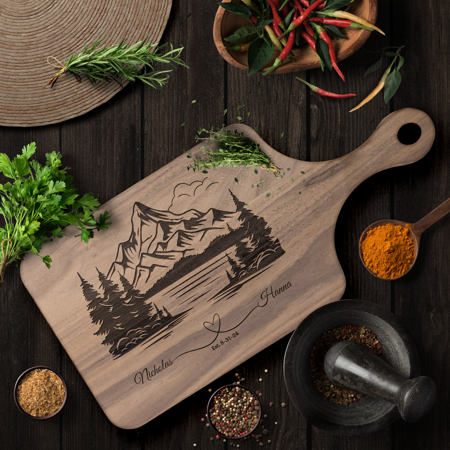 Personalized Mountain Scene Paddle Cutting Board