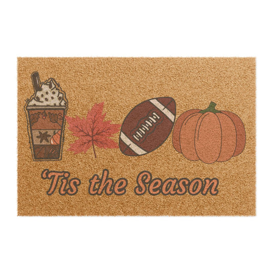 Tis the Season Fall Door Mat – Personalized Welcome Mat with Pumpkin, Football, Coffee & Maple Leaf Design