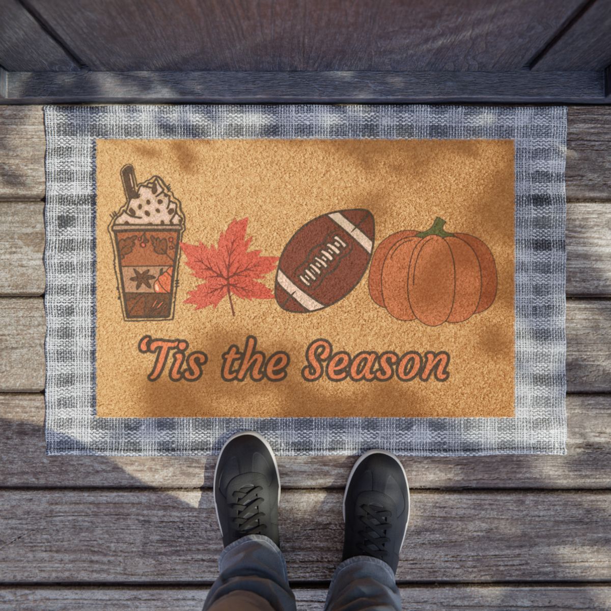 Tis the Season Fall Door Mat – Personalized Welcome Mat with Pumpkin, Football, Coffee & Maple Leaf Design