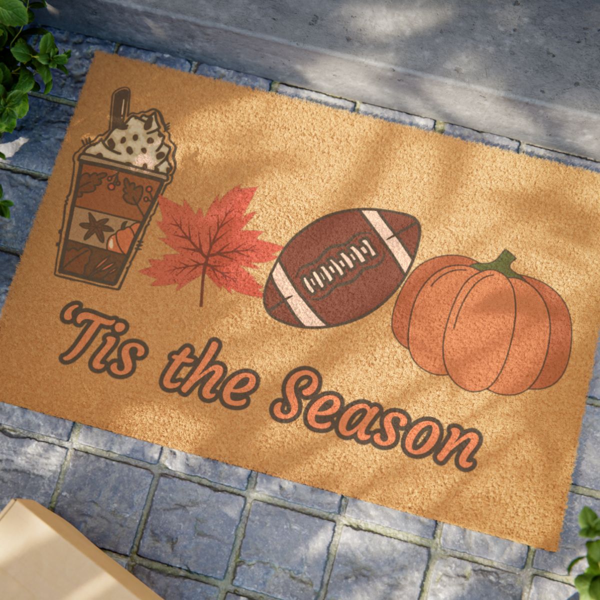 Tis the Season Fall Door Mat – Personalized Welcome Mat with Pumpkin, Football, Coffee & Maple Leaf Design