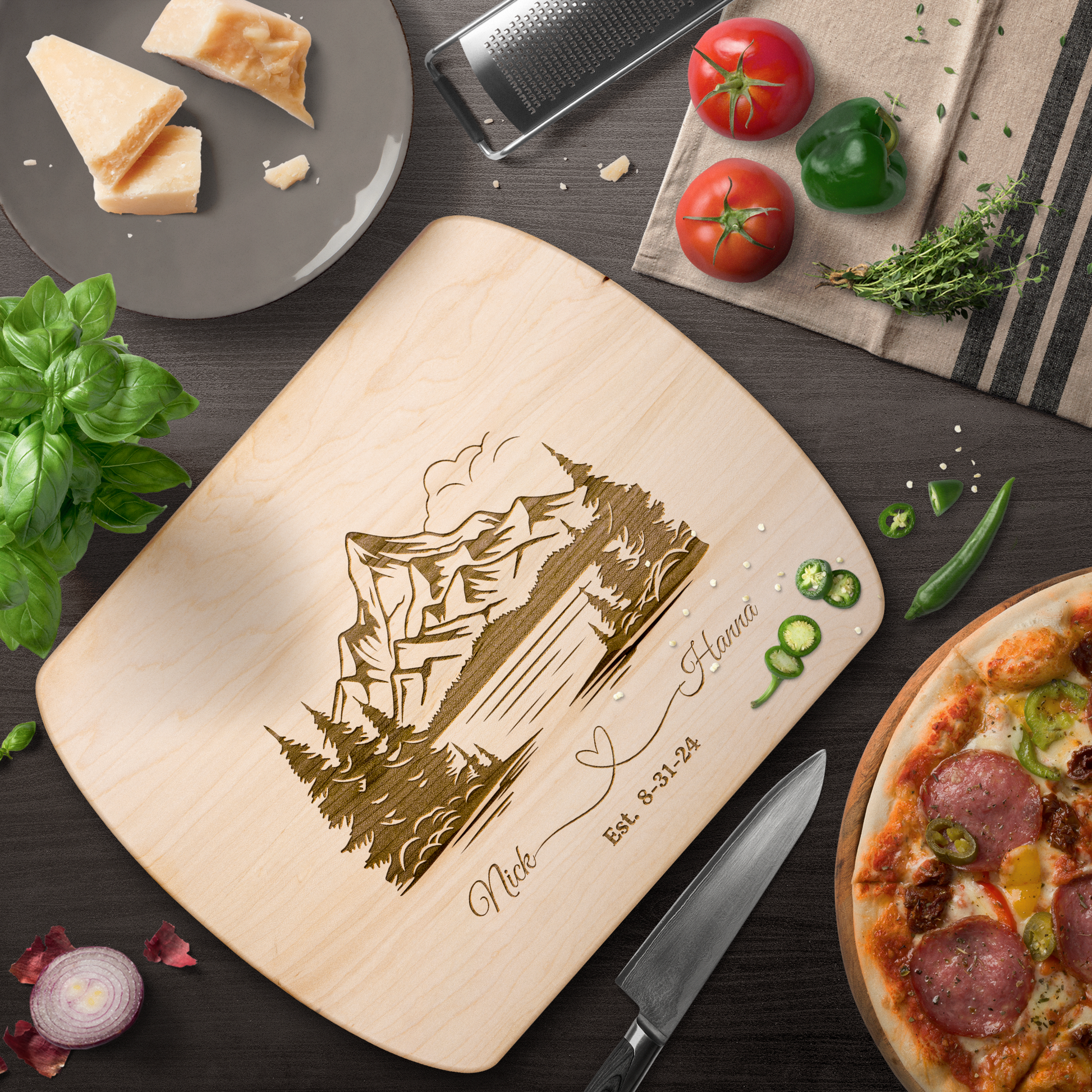 Get trendy with Customized Hardwood Oval Cutting Board with Mountain Scene - Personalized Wedding Gift -  available at Good Gift Company. Grab yours for $18.50 today!