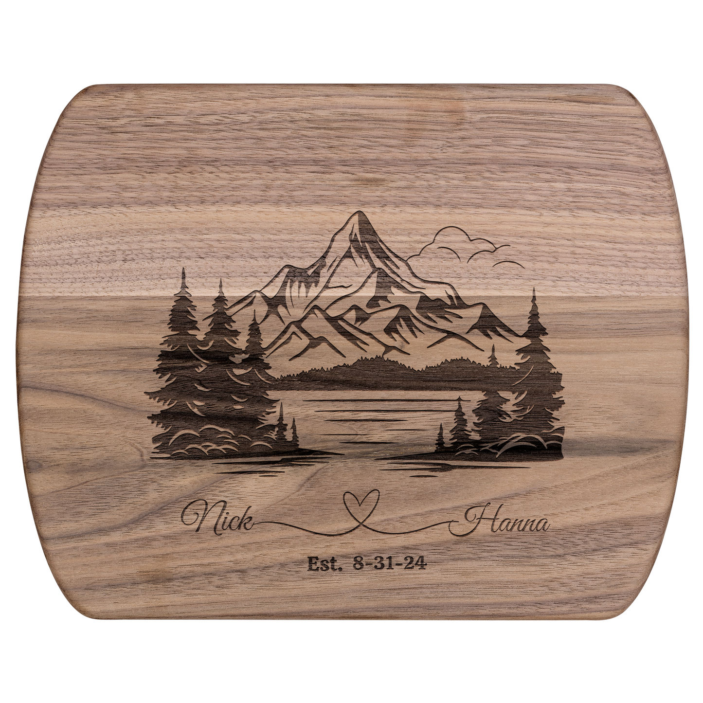 Get trendy with Customized Hardwood Oval Cutting Board with Mountain Scene - Personalized Wedding Gift -  available at Good Gift Company. Grab yours for $18.50 today!