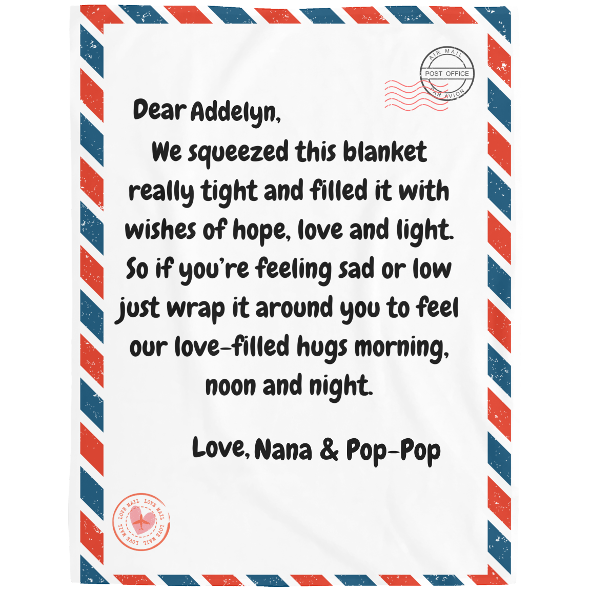 Custom Airmail Blanket from Grandparents to Granddaughter – Luxuriously Cozy and Full of Love