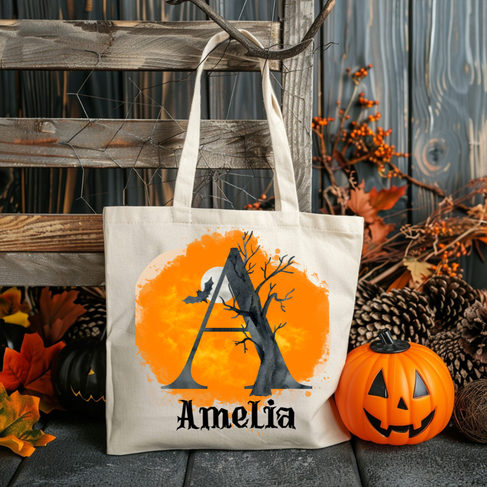 Get trendy with Personalized Trick or Treat Bag with Monogram | Choose from 4 Spooky Scenes -  available at Good Gift Company. Grab yours for $18.16 today!