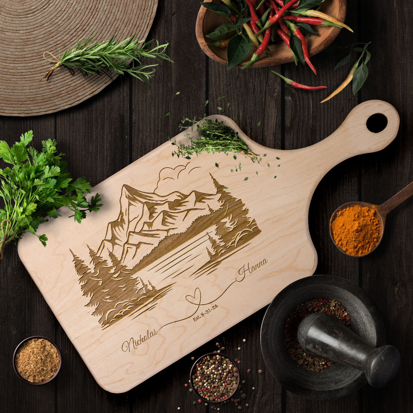 Personalized Mountain Scene Paddle Cutting Board