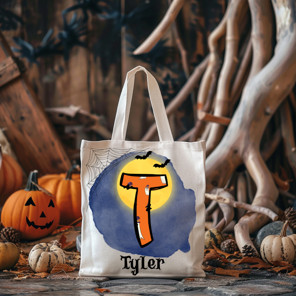 Get trendy with Personalized Trick or Treat Bag with Monogram | Choose from 4 Spooky Scenes -  available at Good Gift Company. Grab yours for $18.16 today!